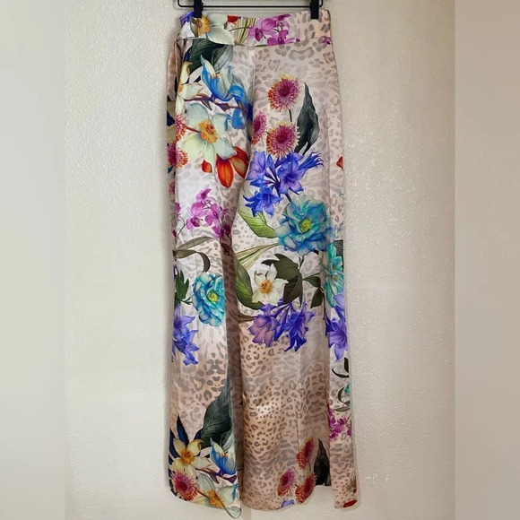 NWT Adriana Iglesias Aneta Floral Leopard Print 100% Silk Wide Leg Pants - Picture 3 of 8